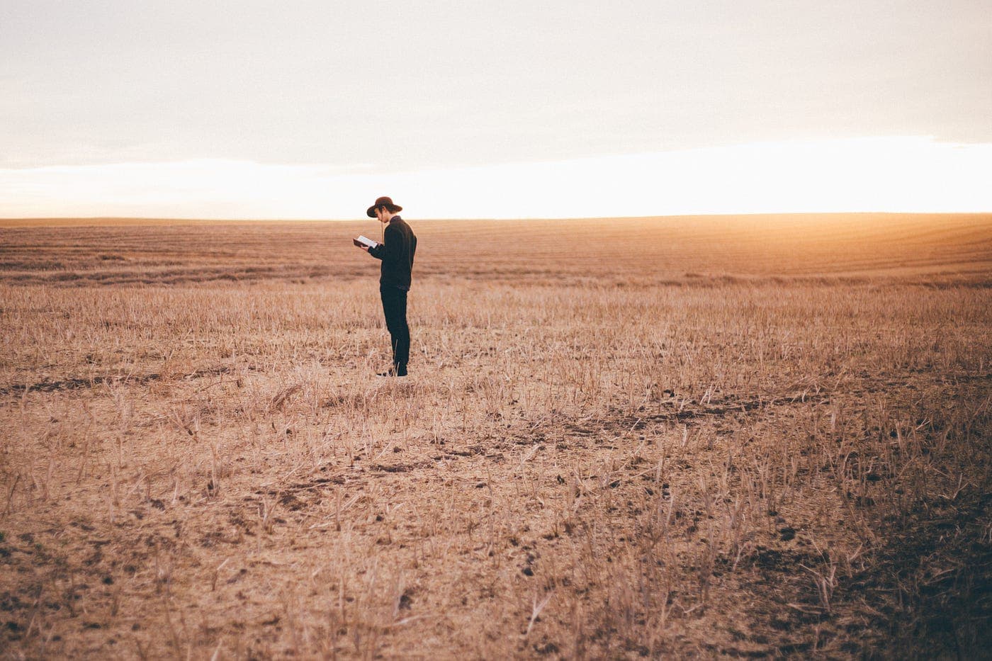 lone man standing out in a wheat field plain holding a book